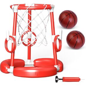SpringFlower Floating Pool Basketball Hoop, Summer Swimming Pool Basketball Hoop for Kids & Adults,Summer Pool Outdoor Play with Ring Toss & Balls & Pump,Red