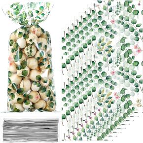 Outus 100 Pieces Eucalyptus Party Cellophane Treat Bag Baby Shower Favors Candy Bags Happy Birthday Party Goodies Favor Bags Cello Bags Party Decorations Birthday Supplies