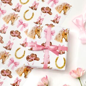 FYSUIMU Pink Bow Horse Wrapping Paper -Mini Roll- 17 Inch x 32.8Ft Western Cowgirl Gift Wrap Paper Farmhouse Art Paper for Birthday Baby Shower DIY Crafts