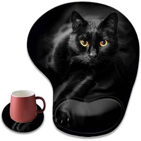 Black Cat Comfortable Wrist Support Mouse Pad, Suitable for Home and Office, with Non-Slip Round Coaster for Work Or Home