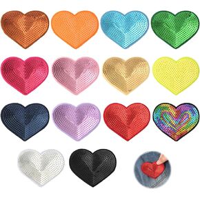 14pcs Sequin Heart Patches, Glitter Heart Shape Patches Embroidery Iron on and Sew on Patches Applique for Clothing Bags Jackets Jeans Accessory Craft Decoration