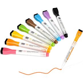 Magnetic Dry Erase Markers, 8 Colors Fine Tip White Board Markers with Eraser, Low Odor Thin Dry Erase Markers for Kids Teacher Classroom Work on Board, Calender & Refrigerator