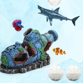 Fish Tank Submarine with Fake Floating Fishes and Filter Ball Set, Shipwreck Aquarium Decorations, Mini Shark, Nitrifying Balls, Sunken Ship Aquarium Decor, Fish Tank Hideout (Submarine, Shark)