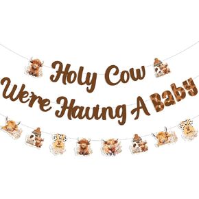 JOYMEMO Holy Cow We are Having a Baby Banner with Highland Cow Garland - Brown Highland Cow Baby Shower Decorations, Farm Animals Theme Pregnancy Celebration Newborn Party Supplies