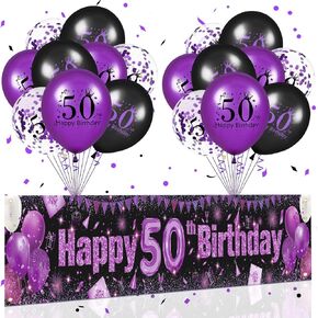 Purple 50th Birthday Decorations for Women Men Purple and Black Happy 50th Birthday Yard Banner and 18PCS 50th Happy Birthday Balloons for 50th Anniversary Birthday Party Supplies Indoor Outdoor Decor