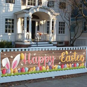 Happy Easter Banner for Fence Easter Egg Bunny Decor Spring Summer Easter Decorations and Supplies for Home Classroom Office