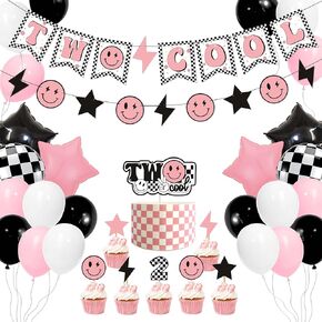 مجموعة زخرفة حفلة عيد ميلاد من طراز Cool Pink Smile-theme ، واثنان من الفتاة الباردة الثانية عيد ميلاد الكعكة العليا الأقطار الوردي أبيض أبيض البالونات