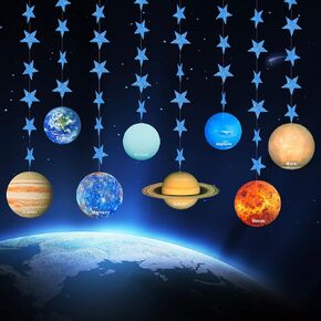 Solar System Decoration Banner, Eight Planet Garland with Blue Shimmer Star, Premium Paper Galaxy Outer Space Garland for Kids Bedroom Decor, Astronaut Birthday Party Supplies, SONGTIY