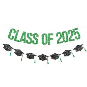 Pre Strung Graduation Decorations Class of 2025 Banner Green Glitter College Banners Party Congrats Grad with Tassel Decor High Favors NO DIY for Supplies School Home Car Decorations