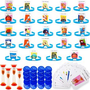 4 Set Headband Game Guessing Who Am I Game The Quick Question Game Set include Headbands, Picture Cards, Scoring Coins, Sand Clock for Family Party