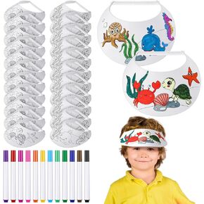 36 Pcs Color Your Own Foam Visors with Marker Pens for Kids Ocean Animals Foam Visors for Kids Summer DIY Crafts DIY Foam Visors Craft Kit for Children Summer Party Home Activities Fun White
