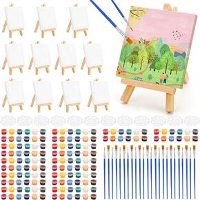 Auihiay 12 Sets Mini Canvases for Painting, Art Canvas Painting Kit with 4 x 4 Inch Mini Canvas and Stretched Easel, Acrylic Paint, Brush, Palette, Kids Sip and Paint Party Supplies