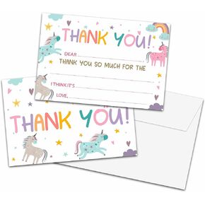 Kids Thank You Cards Fill in the Blank, Magic Unicorn Thank You Cards, Rainbow Unicorn Greeting Cards, Thank You Notes For Girls, Birthday Party Decorations Favors (20 Cards With 20 Envelopes) -08