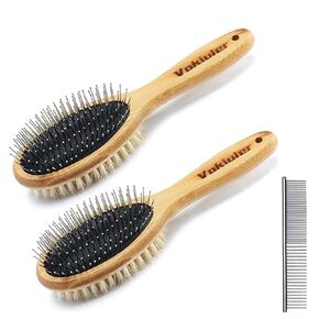 Dog Brush Cat Brush, Vokiuler Double Sided Bristle and Pin Pet Brush for Dog Grooming, Real Boar Bristle Shedding Brush with Bamboo Handle for Long Short Hair, 2 Pack Dog Comb, White