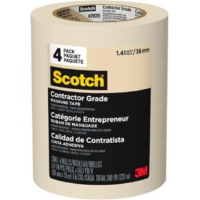 Scotch Contractor Grade Masking Tape, Tan, Tape for General Use, Multi-Surface Adhesive Tape, 1.41 Inches x 60.1 Yards, 4 Rolls
