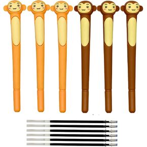 6 PCS Novelty Monkey Pens Monkey Gel Pens With 12 Pieces Refills Fun Silicone Animal Pen Black Ink For School Party Birthday Christmas Office(color random)