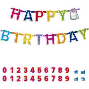 Colorful Happy Birthday Banner - 7.2ft Long, Includes DIY Numbers (0-9) & "st, nd, rd, th" Cutouts, Cake Icons | Fun & Customizable Party Decorations for Birthdays & Milestones