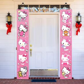 2Pcs Pink Cats Birthday Porch Sign Door Hanging Banner Birthday Party Supplies for Wall Decorations