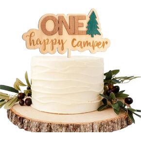 One Happy Camper Cake Topper - Camping Theme Wooden Cake Topper, First Birthday Cake Decoration for Baby Shower, 1st Birthday Party, Anniversary, Baby Photo Booth Props...