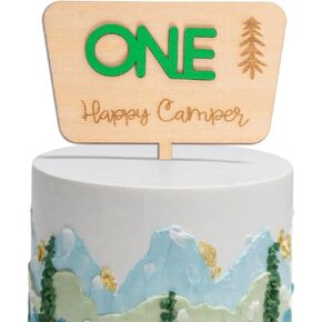 One Happy Camper Cake Topper - Camping Theme Wooden Cake Topper, First Birthday Cake Decoration for Baby Shower, 1st Birthday Party, Anniversary, Baby Photo Booth Props...