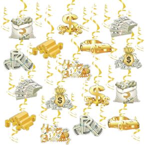 30 Pack(Swrils & Cutouts) Money Birthday Hanging Decorations Dollar Bill Cash Hanging Swirls Investment Themed Decorations for Birthday Casino Wedding Bachelorette Graduations Party Supplies