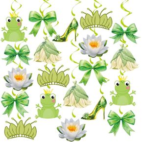 20Pcs Princess and Frog Hanging Swirls, Princess Coquette Bow Hanging Decor Whirl, Green Frog Birthday Party Ceiling Streamers for Frog Princess Party, Princess Baby Shower, Garden Birthday Decoration