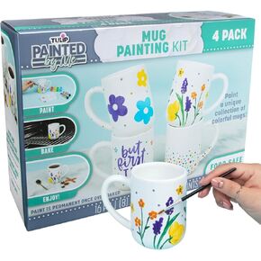 Tulip Food Safe Plainted by Me ، at Home Paint and Bake Kit - 4 مجموعة طلاء القدح السيراميك ، النشاط العائلي أو ليلة الطلاء ، الكل في واحد - طلاء قوس قزح ، 4 فرش و 4 أكواب قابلة للطلاء. نتائج جودة الاستوديو