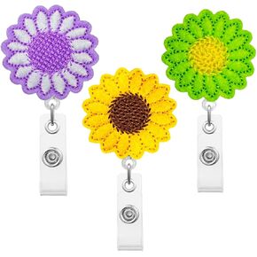 3 Pack Retractable Badge Holder, Sunflower Retractable Badge Reels Reinforced Strap, Badge Clip for Kids, Lightweight Badge Reel with Alligator Clip for Name Card Keychain [26" Nylon Wire Cord]