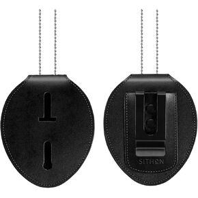 SITHON Police Badge Holder, Universal Badge Holder with Metal Clip and Stainless Bead Chain Necklace, Hook and Loop Closure Badge Holster for Law Enforcement Officer Gifts (Oval)