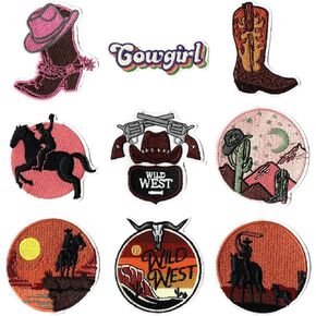 Western Cowboy Iron-On Embroidered Patches - Premium Washable Clothing Appliques for Hats, Jackets, Backpacks & DIY Accessories - Country Rustic Design (9Pack)