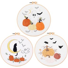 Chenflying 1/3 Sets Embroidery Starter Kit with Halloween Pattern, Cross Stitch Kit for Beginners Adults, Living Room DIY Decorations (Halloween, Beige1,2,3) in Kuwait