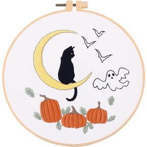 Chenflying 1/3 Sets Embroidery Starter Kit with Halloween Pattern, Cross Stitch Kit for Beginners Adults, Living Room DIY Decorations (Halloween, Beige1,2,3)
