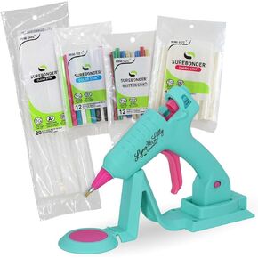 Surebonder Lynn Lilly Edition Cordless/Corded Mini Fine Tip Hot Glue Gun with All Purpose, Color, Glitter, and Fabric Glue Sticks - Blue