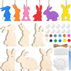 Whaline 30pcs عيد الفصح الخشب المقاطع أرنب غير مكتملة علامات طاولة خشبية أرنب غير مكتملة مع الدهانات فرش اللوحة التي شعرت بالكرات نقاط الغراء الزخارف الربيعية لأرانب ديكور ديكور المنزل المعلقة ، 6 أشكال