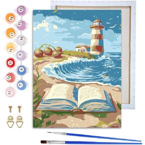 VAIIEYO Framed Paint by Numbers Kit for Adults Lighthouse, Landscape Canvas DIY Oil Painting Kit with Paintbrush and Acrylic Pigment, Arts Craft for Home Wall Decor(8x12 inch/20x30cm)