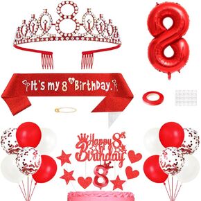 8th Birthday Decorations for Girls, Birthday Princess Crown Queen Tiara, It's My 8th Birthday Sash, 8 Year old Birthday Cake Topper, Number Candles Balloons Set for Birthday Party Supplies, Red