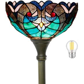 WERFACTORY Tiffany Floor Lamp Green Liaison Stained Glass Light 12X12X66 Inches Pole Torchiere Standing Corner Torch Uplight Decor Bedroom Living Room Home Office S160G Series