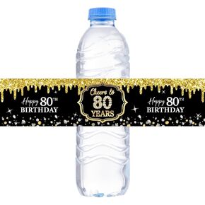 WOWOPA 32Pcs Cheers to 80 Years Water Bottle Labels, Happy 80th Birthday Labels Stickers for Women and Men Birthday Party Decorations - Black