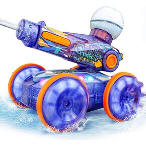 BEZGAR Pool Toys for Kids, Amphibious Remote Control Car Toys for Ages 6-8, RC Stunt Car with Water Gun for Boys and Girls 8-12, Remote Control Boat with Light(Blue)