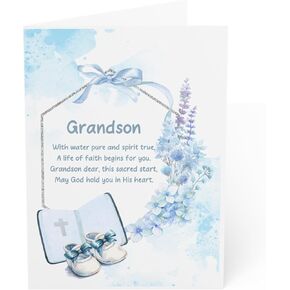 J&J'S TOYSCAPE Grandson Baptism Congratulations Card, 7x5 Inch Boy Card with Envelope (Baby Blue)