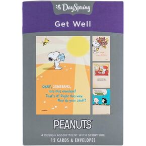 DaySpring - Peanuts - Get Well - 4 Design Assortment with Scripture - 12 Get Well Boxed Cards & Envelopes
