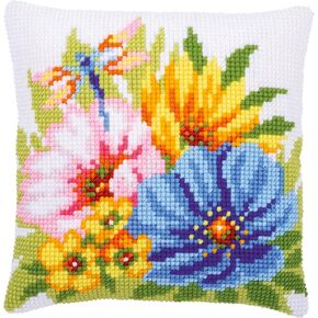Vervaco Cross Stitch Embroidery Kits Pillow Front for Self-Embroidery with Embroidery Pattern on 100% Cotton and Embroidery Thread, 15,75 x 15,75 Inches - 40 x 40 cm, Spring Flowers