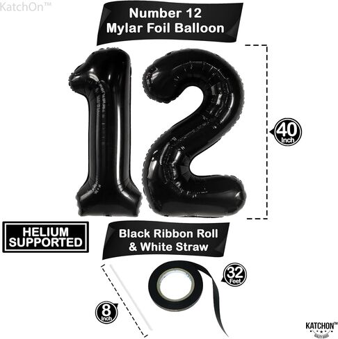 KatchOn, Black 40 Inch Giant 12 Balloon - Birthday & Anniversary Decorations, Unisex, Helium Supported, Self Sealing, Includes 32ft Ribbon & Straw - 12th Birthday, Boy, Party in Saudi Arabia