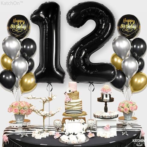 KatchOn, Black 40 Inch Giant 12 Balloon - Birthday & Anniversary Decorations, Unisex, Helium Supported, Self Sealing, Includes 32ft Ribbon & Straw - 12th Birthday, Boy, Party in Saudi Arabia