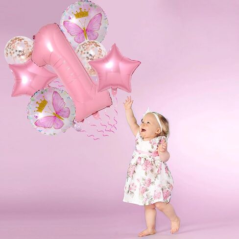 Butterfly Balloons 1st Birthday Decorations - 8PCS Pink Butterfly Party Supplies, Fairy Confetti Balloons in Saudi Arabia