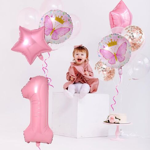 Butterfly Balloons 1st Birthday Decorations - 8PCS Pink Butterfly Party Supplies, Fairy Confetti Balloons in Saudi Arabia