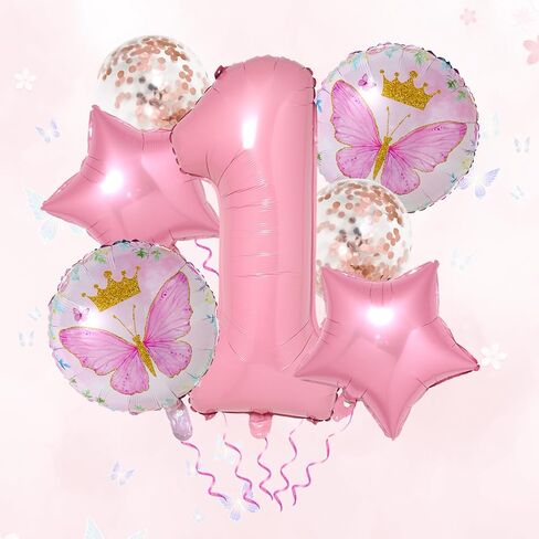 Butterfly Balloons 1st Birthday Decorations - 8PCS Pink Butterfly Party Supplies, Fairy Confetti Balloons in Saudi Arabia