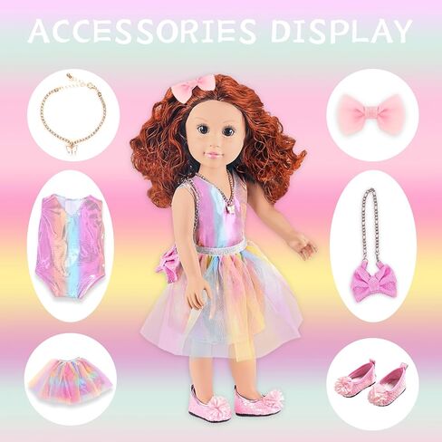 ZITA ELEMENT 18 Inch American Doll with Doll Clothes and Accessories Including 18 Inch Doll Rainbow Dress Bow Bag Shoes Hairpin Necklace for Kids in Kuwait