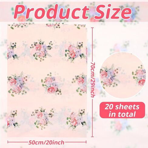 Benvo 20 Sheets Ploral Print Tissue Paper 20 inch × 29 بوصة ورق decoupage الورق الزخرفي للورق الهدية الالتفاف ورقة زهرة DIY Art Craft Paper for Spring Wedding Birthday Dame Baby (Style C) in Kuwait