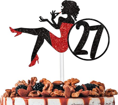 Red Silhouette Glitter Lipstick 34 Girl Cake Topper Picks for Makeup Spa Theme Party Decoration Supplies Women Girls Happy 34th Birthday Party Decor Supplies in Kuwait